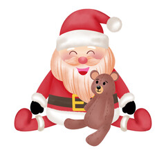 Santa Claus wears a red suit and sits with a brown bear to deliver gifts during the Christmas holiday.