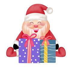 Santa Claus wears a red suit and sits with a gift box to welcome the Christmas festival.