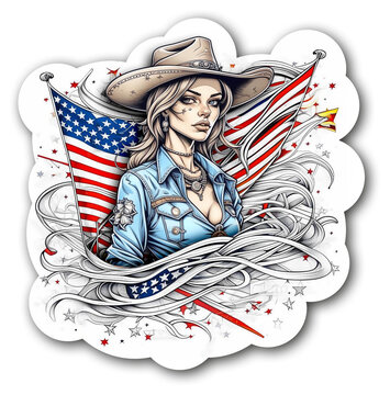Cartoon sticker with a woman in a cowboy hat on an abstract star-spangled flag background. Isolated on a transparent background in PNG format.