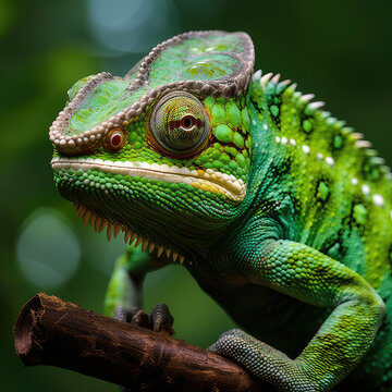 Green colored chameleon close up