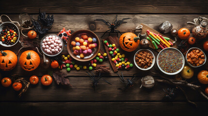 Halloween candy buffet table scene over a rustic wood