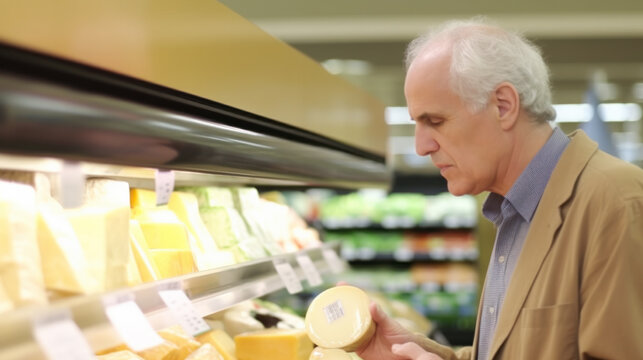 A man is shopping for cheese in a supermarket