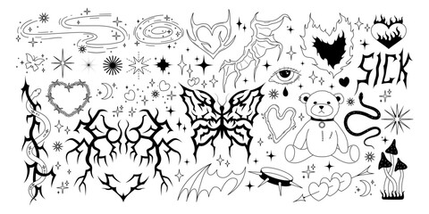 Set of y2k gothic outline tattoo. Grunge, emo, punk elements. Tribal shapes, burning hearts, snake, stars, wings, bear drawings. Black sillhouettes in 2000s dark style. Vector graphic design