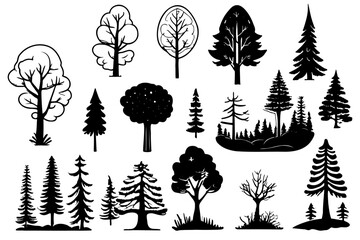 collection trees. Ink sketches set isolated on white background. Hand drawn vector illustration.