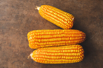 Top view of dry corn on the wood background