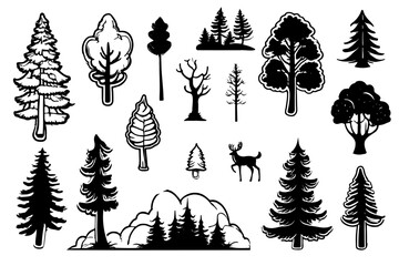 sketch Drawing trees for landscape design. Vector illustration, hand drawn. Set tree sketches isolated on white.