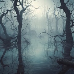 Obraz premium Mysterious foggy forest with trees and lake