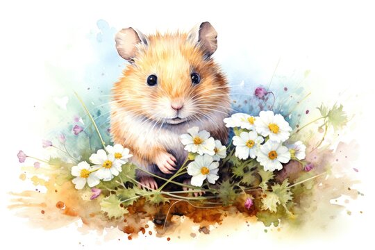 Watercolor hamster in flower field on white background