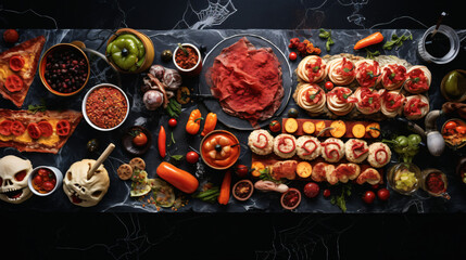 Halloween party food table scene over a black stone