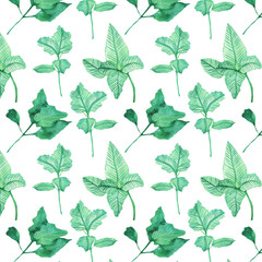 Seamless pattern of elements with spring leaves . Hand drawn watercolor illustration isolated on white background