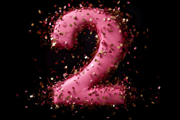 Pink number two with golden confetti. 2 Years Old. Second Birthday Celebration. Girls party. Baby...