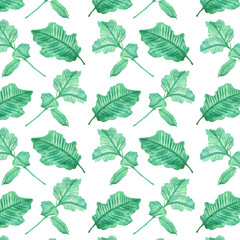 Seamless pattern of elements with spring leaves . Hand drawn watercolor illustration isolated on white background