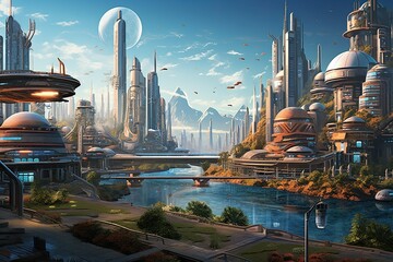 Fantasy alien planet, 3D rendering, Futuristic city, Futuristic city panorama, Modern city landscape with high-rise buildings, Venusian Cityscape