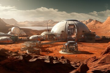 Fototapeta na wymiar Alien Planet - 3D Rendered Computer Artwork, Science fiction, scientists station on red planet, colony on planet Mars, first martian colony in desert landscape on the red planet