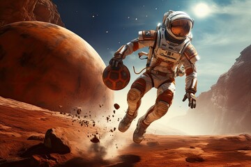 Astronaut in outer space, Astronaut on a remote planet playing basketball, space exploration, journey, adventure, cosmonaut on mars, red planet