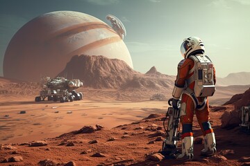 Astronaut on an alien planet, 3D rendering, Fantasy planet, science fiction, an astronaut with a weapon on planet surface, Jupiter, Venus, red planet mission, space exploration - obrazy, fototapety, plakaty