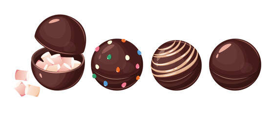 Chocolate bombs with marshmallows. Cocoa bombs made of chocolate decorated with icing, dragees.Vector illustration.