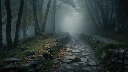 Mysterious path in the foggy forest