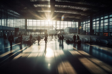 Busy airport or train terminal at dawn, motion blur