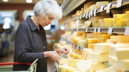 A man is shopping for cheese in a supermarket