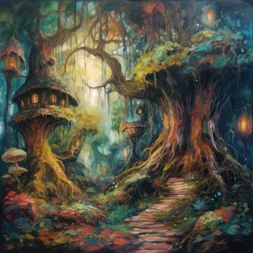 Mystical forest with fairy tale house