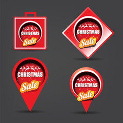 vector Christmas sales paper banner or tag label with red santa hat on grey christmas background. Red winter Christmas sale poster, banner, social media post design template and background