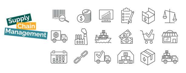 Simple Set of logistics and supply chain management Related Vector Line Icons. Truck, ship, warehouse, commerce, time, barcode, customer, tracking. Editable Stroke. - obrazy, fototapety, plakaty
