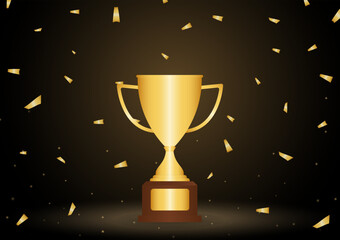 Golden Trophy Cup. Winner Cup Award on Stage with falling Confetti. Champion and Winning Concept Vector Illustration.