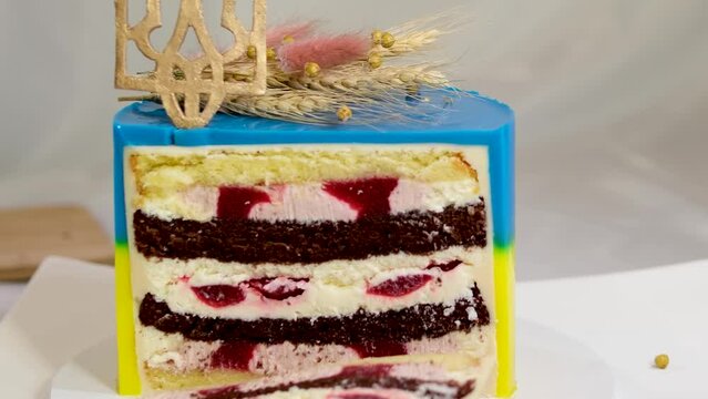 delicious sponge cake with yellow and blue dye spikelets of wheat and trident of Ukraine cooking idea concept of the integrity of Ukraine love for country. patriotism