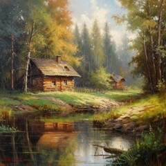 Oil painting on canvas of old wooden house in the forest on the river