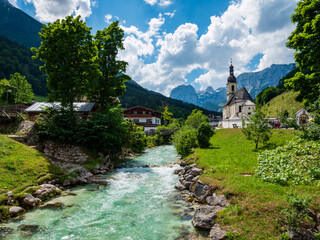 Fototapeta na wymiar Village of Ramsau with church in the Berchtesgaden Alps