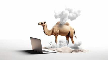 Creative Concept of  camel is surrounded by colorful balloons and a white background. 3D Rendered,