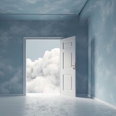 open door in a room with clouds and sky