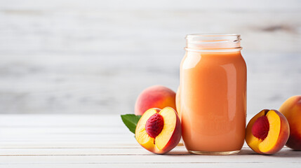 Healthy peach smoothie in a mason jar glass. Close up