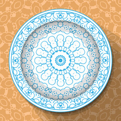 A white plate with an openwork blue ornament, located on a light brown patterned tablecloth. Pattern No. 8. Vector illustration