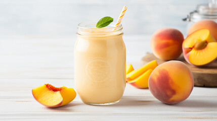 Healthy peach smoothie in a mason jar glass. Close up