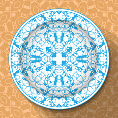 A white plate with an openwork blue ornament, located on a light brown patterned tablecloth. Pattern No. 3. Vector illustration