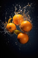 Oranges with leaves and water splashes in the air. black background