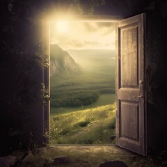 Open door to the beautiful mountain landscape. Beauty in nature concept. - obrazy, fototapety, plakaty