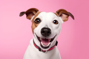 Fototapeta premium Bubblegum Bliss: Joyful Jack Russell Terrier Smiling Over a Pink Background - Celebrating Domestic Animals.