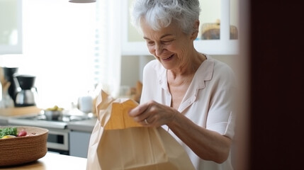 A woman opens shopping bags in the kitchen - obrazy, fototapety, plakaty