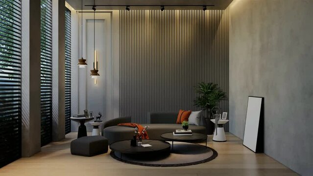 Modern living room 3D animation, contemporary interior design with natural tones on rooms, walls, floors and ceilings. 3D rendering illustration