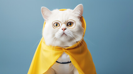 Funny white cat in a yellow mask and cape.