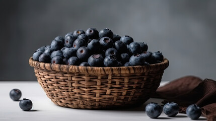 Blueberries in a basket with one of them on a table