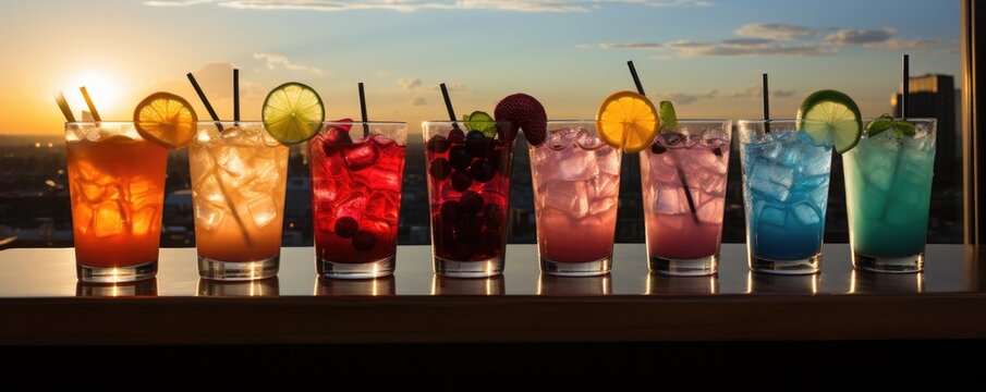 Assortment fresh rainbow cocktails on the bar counter