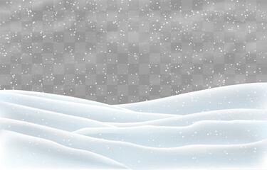 Vector snowdrifts isolated on png background. Snow landscape decoration, frozen hills. Empty snowbanks field. Christmas vector illustration. Transparent background.