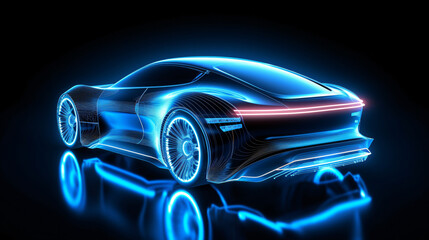 Futuristic car design with glowing wire-frame neon light.