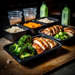 Healthy Homemade High-protein chicken meal prep in plastic containers - obrazy, fototapety, plakaty