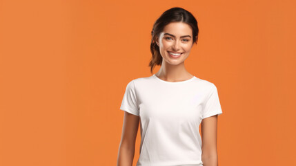 Obraz premium Soft Glow Showcase: Young Woman in Bella Canvas White Shirt Mockup Against a Soft Orange Background - Ideal for Design and Print Presentation.