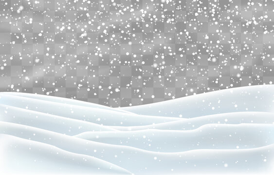 Snow flakes, snow and blizzard falling on snowdrifts. Snow landscape decoration, frozen hills isolated on png background. Vector heavy snowfall with snowbanks field. Christmas vector illustration